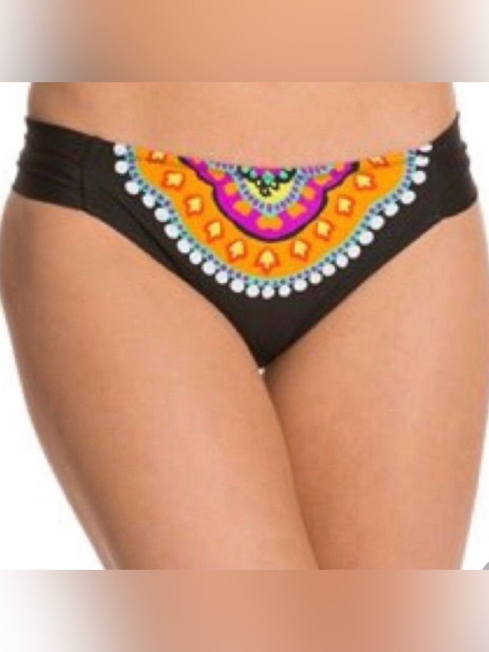 Trina Turk Black Bikini Bottom with Bright Multicolor Mandala Accent approx 6/8